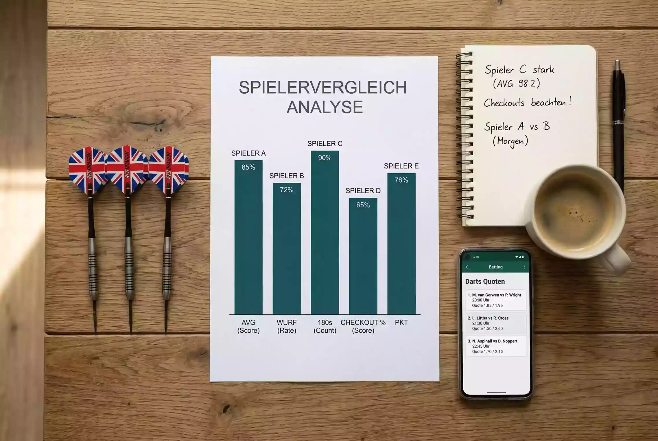 Darts-WM Favoritenanalyse — Dartpfeile und Statistik-Notizen auf einem Schreibtisch