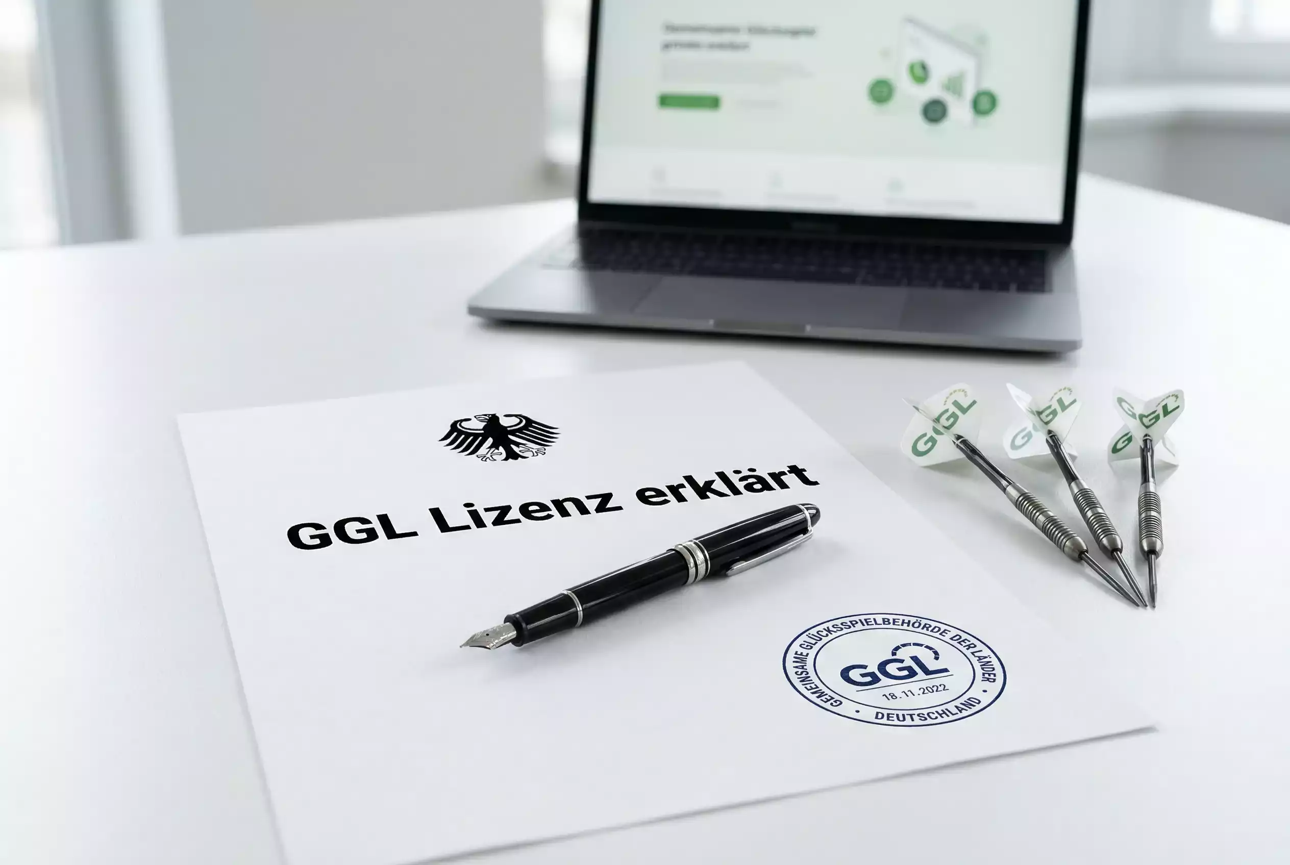 Sportwetten legal Deutschland — Dokument mit GGL-Lizenz und Dartpfeile auf einem Tisch