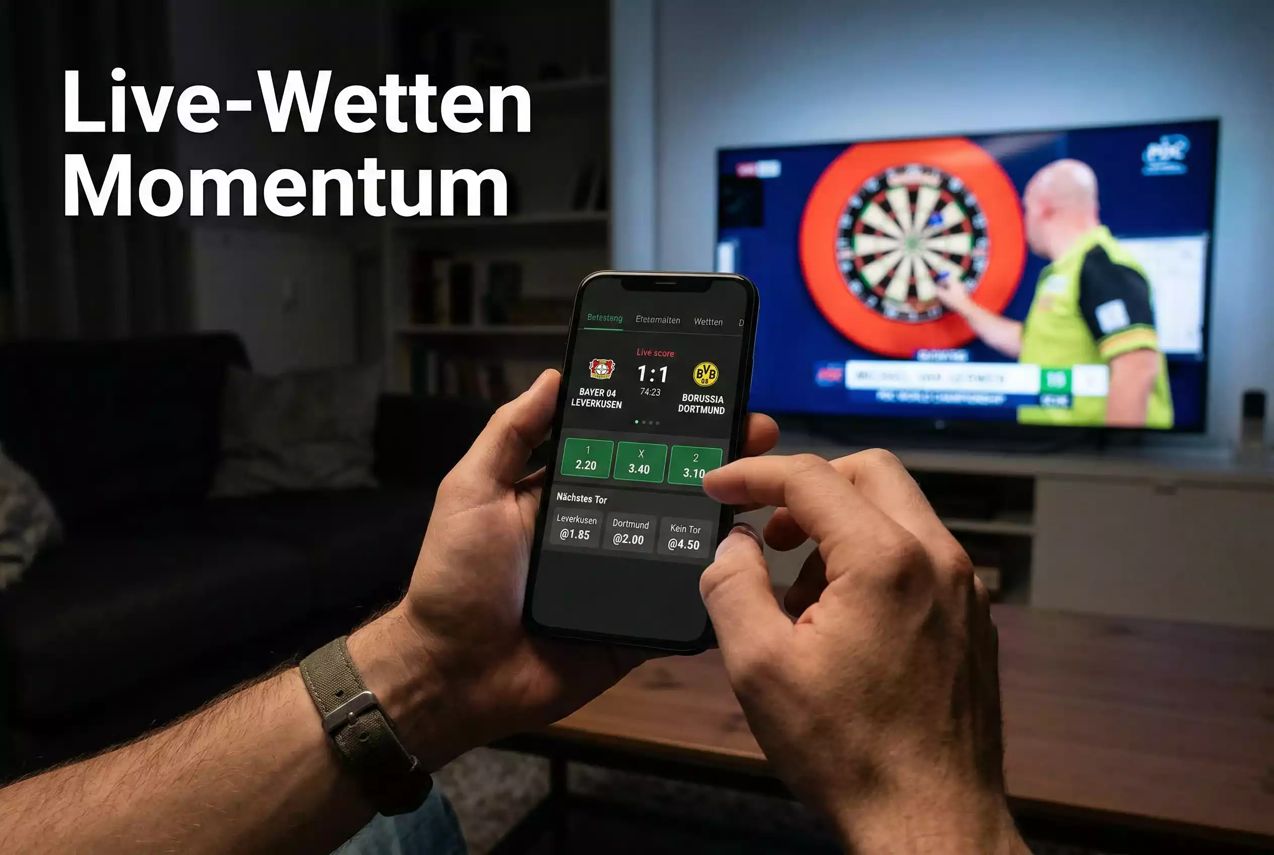 Darts-WM Live-Wetten — Smartphone mit Wett-App vor einem laufenden Darts-Match