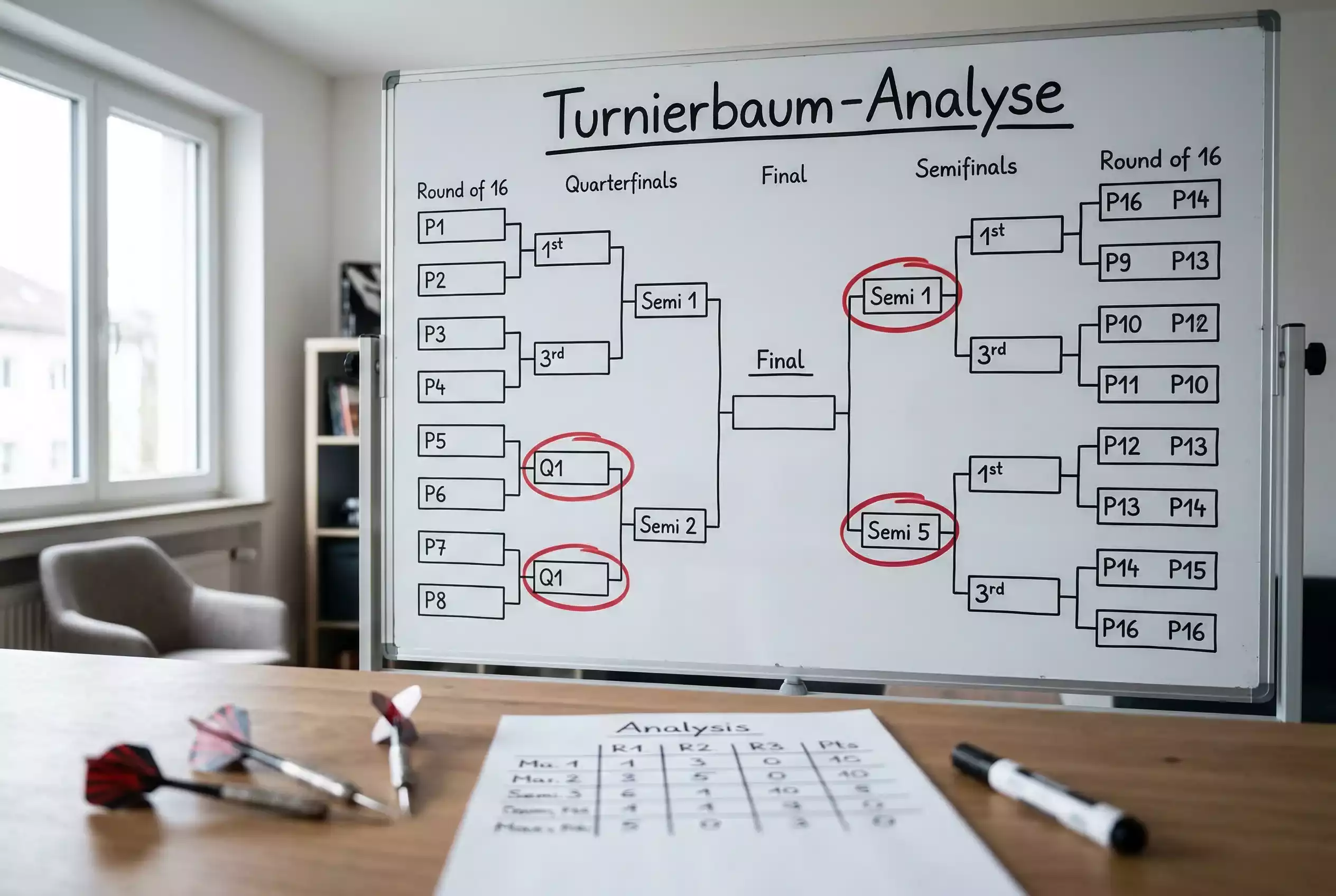 Darts-WM Turnierbaum-Analyse — Bracket-Diagramm auf einem Whiteboard neben Dartpfeilen