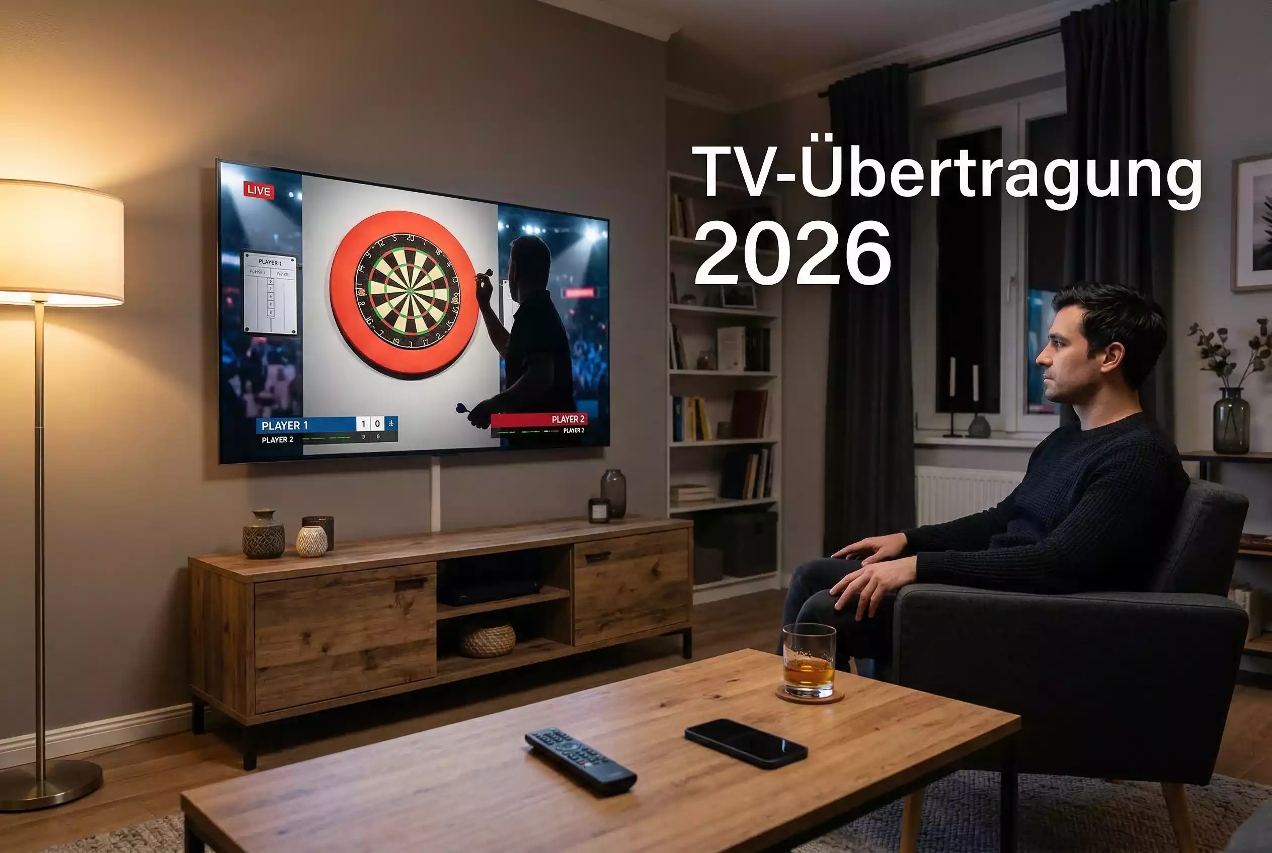 Darts-WM TV-Übertragung — Fernseher zeigt Darts-Turnier in einem Wohnzimmer