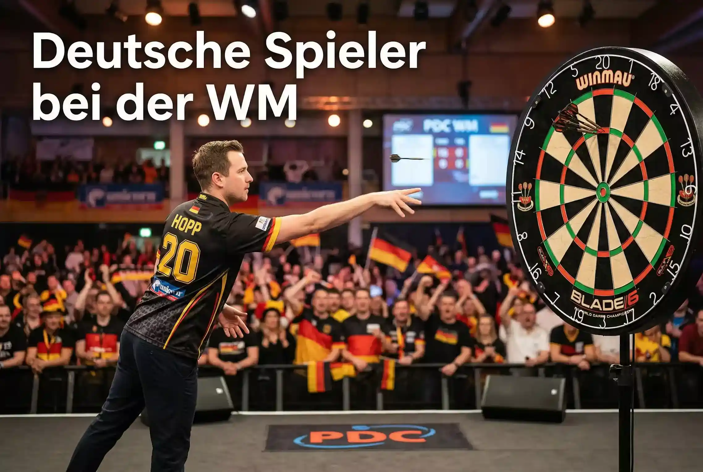 Deutsche Spieler bei der Darts-WM — Dartboard mit deutscher Flagge im Hintergrund