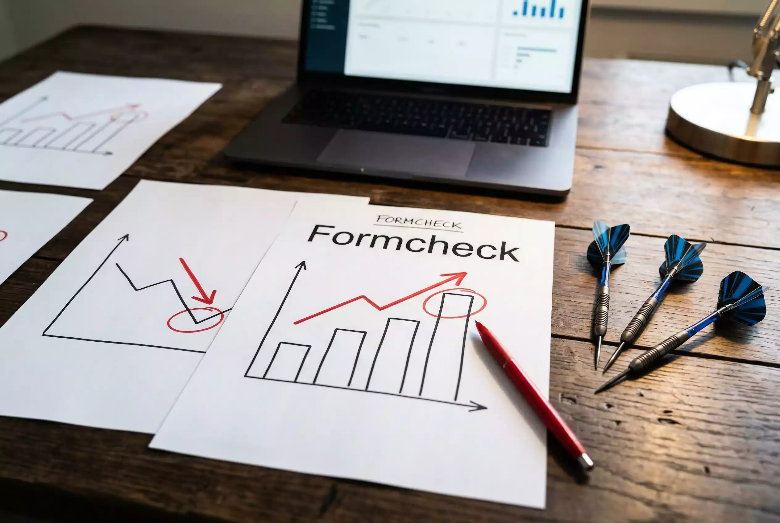 Formcheck Darts-WM — Statistik-Ausdruck mit Spielerform-Daten neben Dartpfeilen